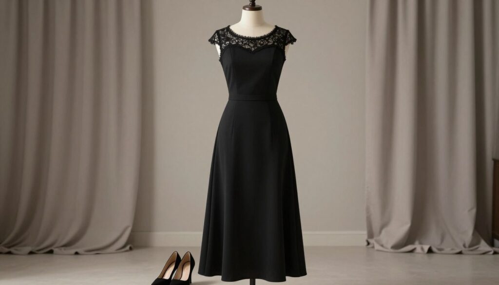 A sophisticated, elegant black dress is the central focus, hanging softly on a mannequin in a softly lit room. The dress features simple yet refined details, like a subtle neckline and delicate lace accents, maintaining a respectful and modest design suitable for a funeral. In the foreground, a pair of understated black heels rests beside the mannequin, emphasizing the outfit's professionalism. The middle ground captures soft, muted colors with elegant drapery in the background, which enhances the somber yet respectful atmosphere. The lighting is soft and diffused, creating a gentle ambiance, suggesting a reflective mood. The camera angle is slightly above eye level, showcasing the dress's silhouette while ensuring the image remains tasteful and appropriate. A sophisticated, elegant black dress is the central focus, hanging softly on a mannequin in a softly lit room. The dress features simple yet refined details, like a subtle neckline and delicate lace accents, maintaining a respectful and modest design suitable for a funeral. In the foreground, a pair of understated black heels rests beside the mannequin, emphasizing the outfit's professionalism. The middle ground captures soft, muted colors with elegant drapery in the background, which enhances the somber yet respectful atmosphere. The lighting is soft and diffused, creating a gentle ambiance, suggesting a reflective mood. The camera angle is slightly above eye level, showcasing the dress's silhouette while ensuring the image remains tasteful and appropriate.