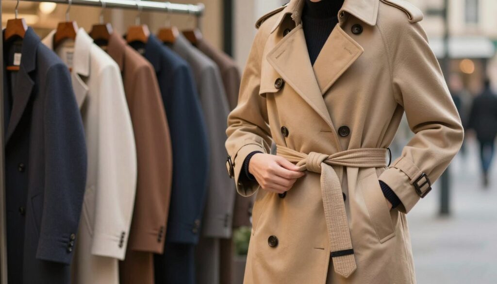 A sophisticated fashion scene illustrating the concept of tying a coat belt to complement the coat's silhouette. In the foreground, a model wearing a stylish, tailored trench coat cinched at the waist with a fabric belt, showcasing an elegant bow knot. The coat features classic design elements like a notched collar and subtle texture. In the middle ground, a variety of similar coats in diverse colors and fabrics hang elegantly on a clothing rack. The background features a softly blurred urban setting with warm, natural lighting that highlights the coats, suggesting a stylish outdoor occasion. The atmosphere is chic and polished, inviting viewers to appreciate the art of accessorizing with purpose and flair. A sophisticated fashion scene illustrating the concept of tying a coat belt to complement the coat's silhouette. In the foreground, a model wearing a stylish, tailored trench coat cinched at the waist with a fabric belt, showcasing an elegant bow knot. The coat features classic design elements like a notched collar and subtle texture. In the middle ground, a variety of similar coats in diverse colors and fabrics hang elegantly on a clothing rack. The background features a softly blurred urban setting with warm, natural lighting that highlights the coats, suggesting a stylish outdoor occasion. The atmosphere is chic and polished, inviting viewers to appreciate the art of accessorizing with purpose and flair.