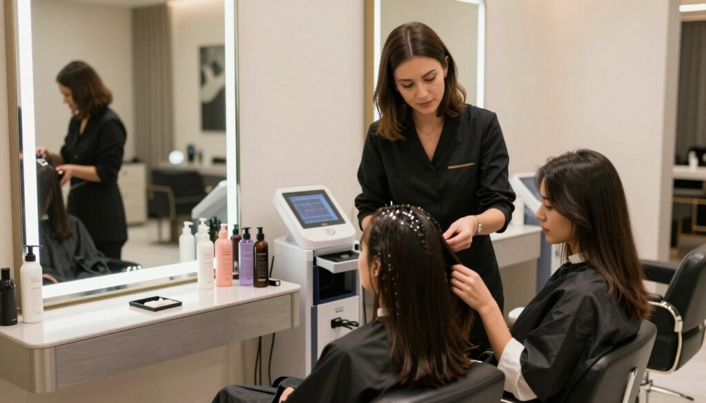 A sophisticated hair salon interior, featuring a modern and elegant space designed for professional hair thickening treatments. In the foreground, a stylist in professional attire is gently consulting with a client in a salon chair, discussing hair density and care options. The middle ground showcases advanced hair treatment equipment and products, artistically arranged on a sleek counter, emphasizing quality and luxury. The background highlights well-lit mirrors reflecting the stylish decor and soft, ambient lighting that creates a warm and inviting atmosphere. The image should convey a sense of expertise and professionalism, showcasing the seriousness of modern hair thickening methods. Capture this scene from a slightly elevated angle to emphasize the interaction and the salon's ambiance, ensuring clarity and focus on the subjects without any text or distractions. A sophisticated hair salon interior, featuring a modern and elegant space designed for professional hair thickening treatments. In the foreground, a stylist in professional attire is gently consulting with a client in a salon chair, discussing hair density and care options. The middle ground showcases advanced hair treatment equipment and products, artistically arranged on a sleek counter, emphasizing quality and luxury. The background highlights well-lit mirrors reflecting the stylish decor and soft, ambient lighting that creates a warm and inviting atmosphere. The image should convey a sense of expertise and professionalism, showcasing the seriousness of modern hair thickening methods. Capture this scene from a slightly elevated angle to emphasize the interaction and the salon's ambiance, ensuring clarity and focus on the subjects without any text or distractions.