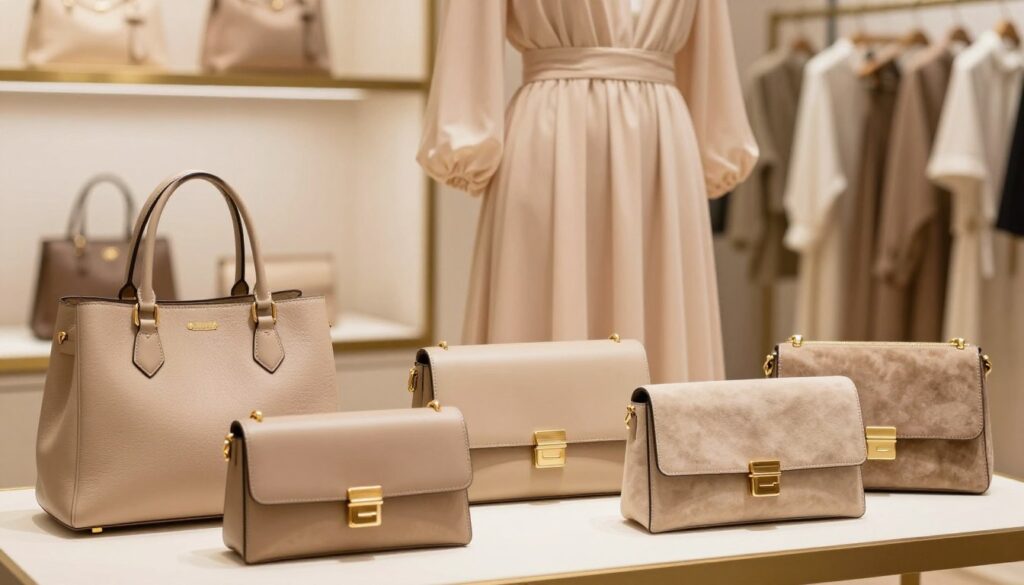 A sophisticated image showcasing various stylish handbags that complement different shades of beige dresses. In the foreground, display an elegant assortment of handbags, including a structured tote, a chic clutch, and a crossbody bag, all in various shades of beige and luxurious materials like leather and suede. The middle layer features a soft, flowing beige dress displayed on a mannequin, highlighting its elegant silhouette. In the background, a softly blurred boutique setting with warm lighting enhances the luxurious atmosphere, with gold accents and touchable fabrics visible. The lighting should be soft and diffused, creating a cozy, inviting mood, ideal for fashion exploration. Capture this scene from a slightly elevated angle to emphasize the elegance of both the handbags and the dress.