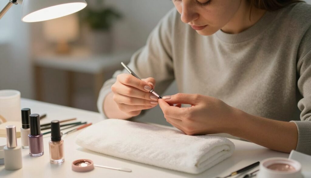 A step-by-step depiction of a professional manicure process, showcasing a well-lit tabletop where a person is applying a titanium manicure. In the foreground, a beautifully organized nail care setup includes various tools like a base coat, titanium powder, and a glossy top coat. The middle ground features a person in modest casual clothing, meticulously applying the base coat to their nails, with a look of concentration on their face. The background is softly blurred, hinting at a cozy home environment with a stylish lamp casting warm, inviting light. The overall mood is calm and focused, emphasizing the artistry and precision involved in a at-home titanium manicure application.