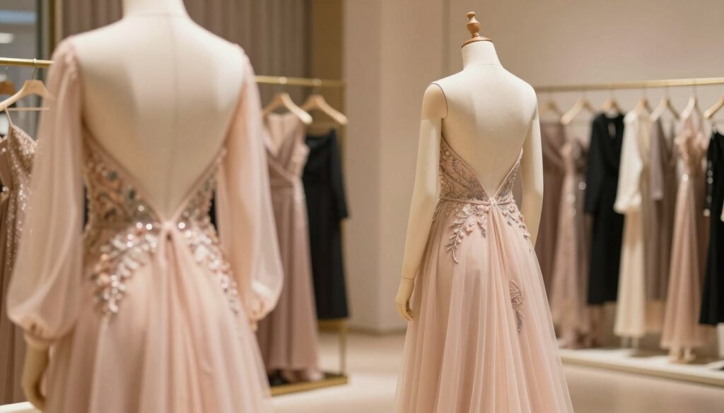 A stunning fashion display featuring elegant backless dresses in a chic boutique setting. In the foreground, focus on a delicate, flowing dress with intricate embroidery, showcasing its graceful silhouette from behind. The middle ground includes a stylish mannequin elegantly draped in another backless gown, inviting the viewer to appreciate the design details. The background features softly blurred racks of clothing, adding depth to the scene. The warm ambient lighting enhances the luxurious fabrics and colors, creating an inviting atmosphere. Use a soft focus lens for a dreamy effect, conveying a sense of sophistication and modern elegance suitable for an upscale fashion article. The overall mood should be glamorous yet approachable, emphasizing the allure of backless designs without any distracting elements.