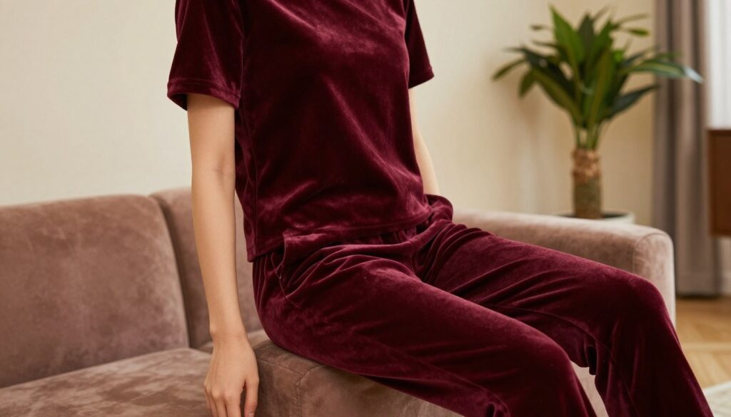 A stylish and modern short-sleeved velour tracksuit, featuring a rich, deep burgundy color and sleek, minimalistic design. The outfit has a soft, luxurious texture, showcasing its plush fabric in the foreground. The top is neatly tailored, hugging the body with a comfortable fit, while the pants are slightly tapered, ending just above the ankles to highlight trendy footwear. In the middle ground, display a softly lit living room setting with elegant decor, such as a plush velvet couch and a tasteful indoor plant. The background features warm, diffused lighting that creates a cozy atmosphere. Capture the scene from a slightly elevated angle to emphasize the depth of the outfit’s details, while keeping the overall mood sophisticated yet approachable.