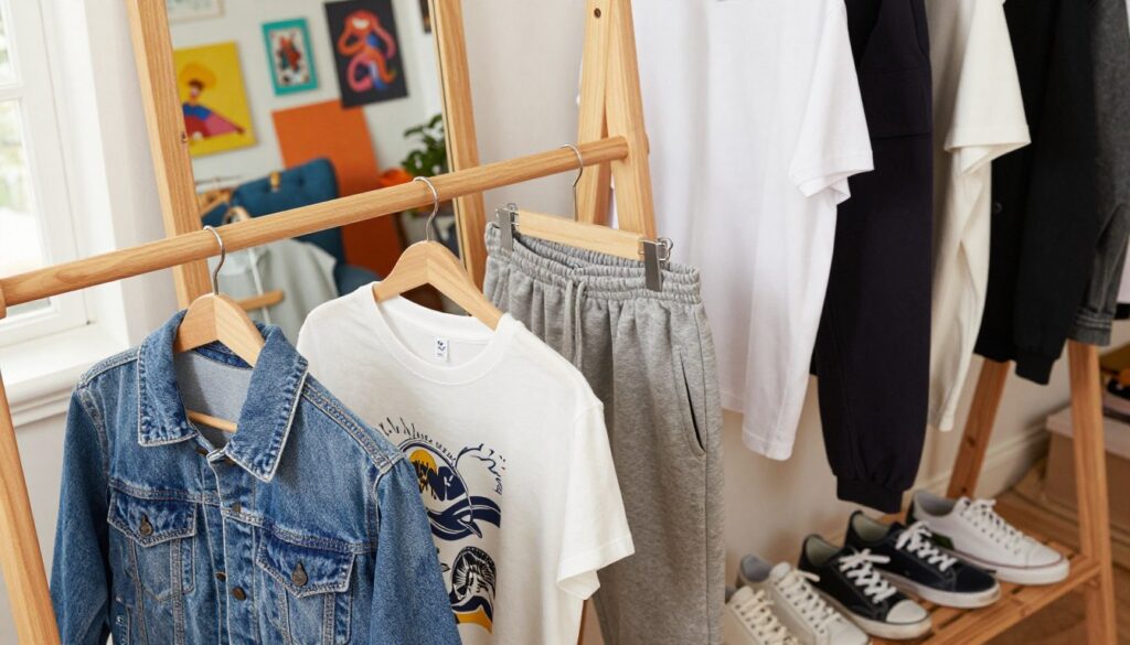 A stylish and modern wardrobe display for teenagers, featuring a variety of clothing essentials that reflect a fresh and contemporary fashion sense. In the foreground, neatly arranged clothing items like a denim jacket, graphic tees, comfortable joggers, and trendy sneakers are showcased on a stylish wooden rack. The middle ground includes a mirror reflecting a casual, cozy room with vibrant colors, including decorative elements like posters and plants. Soft, natural lighting from a nearby window creates a warm and inviting atmosphere. The image is shot from a slightly elevated angle to capture the full wardrobe setup. Emphasize simplicity and versatility in the fashion items, ensuring a youthful and approachable vibe. The focus should be on the garments, without any people present in the scene. A stylish and modern wardrobe display for teenagers, featuring a variety of clothing essentials that reflect a fresh and contemporary fashion sense. In the foreground, neatly arranged clothing items like a denim jacket, graphic tees, comfortable joggers, and trendy sneakers are showcased on a stylish wooden rack. The middle ground includes a mirror reflecting a casual, cozy room with vibrant colors, including decorative elements like posters and plants. Soft, natural lighting from a nearby window creates a warm and inviting atmosphere. The image is shot from a slightly elevated angle to capture the full wardrobe setup. Emphasize simplicity and versatility in the fashion items, ensuring a youthful and approachable vibe. The focus should be on the garments, without any people present in the scene.