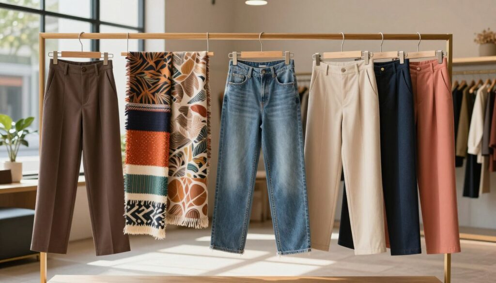 A stylish and organized display of various trendy women's pants, illustrating a fashion guide on contemporary styles. In the foreground, showcase a variety of pant styles, including high-waisted trousers, wide-leg jeans, tapered pants, and culottes, arranged elegantly on a wooden rack. The middle ground features swatches of fabric in fashionable patterns and colors, adding depth and texture. In the background, a soft-focus glimpse of a chic boutique setting with muted lighting creates a warm and inviting atmosphere. Use natural sunlight filtering through large windows to enhance the scene, capturing the essence of modern fashion trends. The overall mood should feel vibrant, stylish, and informative, perfect for a fashion article.