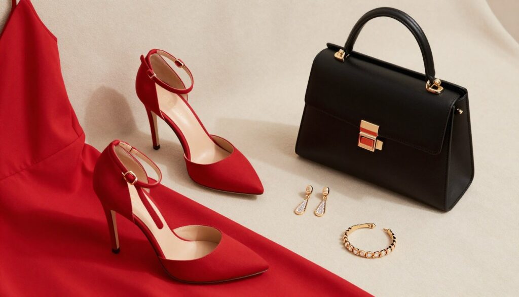 A stylish arrangement of accessories for a red dress, featuring elegant high-heeled shoes adorned with delicate straps, a chic handbag in a complementary color like black or nude, and statement jewelry including a pair of dangling earrings and a matching bracelet. The items are artfully arranged on a soft, neutral-toned fabric background to create a harmonious contrast with the vivid red of the dress. Soft, diffused lighting highlights the texture and details of each accessory, casting gentle shadows that add depth. The overall mood is sophisticated and polished, capturing the essence of modern elegance.