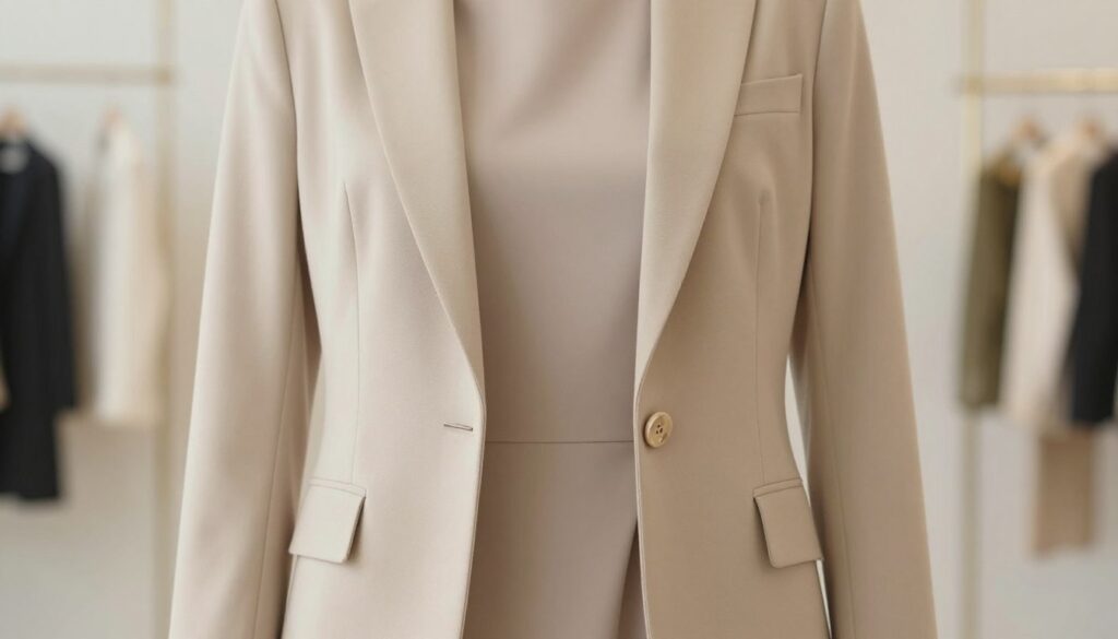 A stylish beige blazer elegantly draped over a neutral-toned dress, showcasing a refined outfit suitable for various occasions. The blazer features tailored lines, and subtle pocket details, with buttons shimmering under soft, diffused lighting. In the foreground, the blazer is front and center, while the dress flows gently, highlighting its texture and simplicity. The background is softly blurred, suggesting an elegant environment, like a chic boutique or a light-filled room with minimal décor. The atmosphere is sophisticated and inviting, capturing a sense of professionalism and poise, perfect for a fashionable business meeting or a semi-formal outing. The image exudes an air of confidence and style, focusing on the harmony between the blazer and the dress. A stylish beige blazer elegantly draped over a neutral-toned dress, showcasing a refined outfit suitable for various occasions. The blazer features tailored lines, and subtle pocket details, with buttons shimmering under soft, diffused lighting. In the foreground, the blazer is front and center, while the dress flows gently, highlighting its texture and simplicity. The background is softly blurred, suggesting an elegant environment, like a chic boutique or a light-filled room with minimal décor. The atmosphere is sophisticated and inviting, capturing a sense of professionalism and poise, perfect for a fashionable business meeting or a semi-formal outing. The image exudes an air of confidence and style, focusing on the harmony between the blazer and the dress.