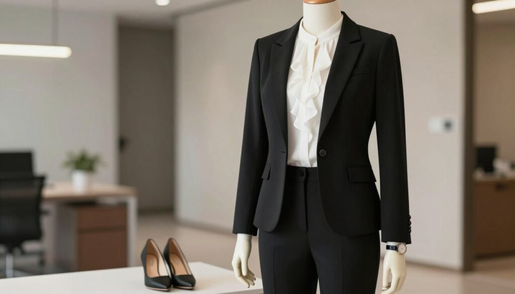 A stylish black women's suit is elegantly displayed on a chic mannequin, featuring a tailored blazer and fitted trousers. The blazer is partly open to reveal a sophisticated white blouse underneath, with subtle ruffles that add a touch of femininity. The outfit is complemented by minimalistic jewelry, a classic wristwatch, and a pair of black heels. The scene is set against a soft-focus, modern office background, featuring muted colors and clean lines that evoke a sense of professionalism. The lighting is bright yet soft, highlighting the textures of the fabric while casting gentle shadows. The mood is confident and refined, perfect for transitioning from a business environment to an evening event. A warm ambiance pervades, suggesting versatility in style. A stylish black women's suit is elegantly displayed on a chic mannequin, featuring a tailored blazer and fitted trousers. The blazer is partly open to reveal a sophisticated white blouse underneath, with subtle ruffles that add a touch of femininity. The outfit is complemented by minimalistic jewelry, a classic wristwatch, and a pair of black heels. The scene is set against a soft-focus, modern office background, featuring muted colors and clean lines that evoke a sense of professionalism. The lighting is bright yet soft, highlighting the textures of the fabric while casting gentle shadows. The mood is confident and refined, perfect for transitioning from a business environment to an evening event. A warm ambiance pervades, suggesting versatility in style.