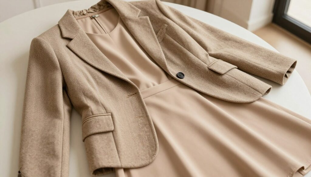 A stylish blazer draped elegantly over a soft beige dress, highlighting the harmony between the two garments. The blazer features a tailored fit with structured shoulders and a waist-defining silhouette, accented with subtle textures, such as a fine herringbone pattern. The dress has a classic A-line cut, flowing gracefully to the knees. The scene is set in a softly lit, modern interior, with warm, diffused lighting enhancing the colors of the fabrics. A focus on the interplay of shapes and proportions, captured from a slightly elevated angle to showcase the layers of clothing. The atmosphere is sophisticated and inviting, perfect for a daytime business event or a casual gathering. A stylish blazer draped elegantly over a soft beige dress, highlighting the harmony between the two garments. The blazer features a tailored fit with structured shoulders and a waist-defining silhouette, accented with subtle textures, such as a fine herringbone pattern. The dress has a classic A-line cut, flowing gracefully to the knees. The scene is set in a softly lit, modern interior, with warm, diffused lighting enhancing the colors of the fabrics. A focus on the interplay of shapes and proportions, captured from a slightly elevated angle to showcase the layers of clothing. The atmosphere is sophisticated and inviting, perfect for a daytime business event or a casual gathering.