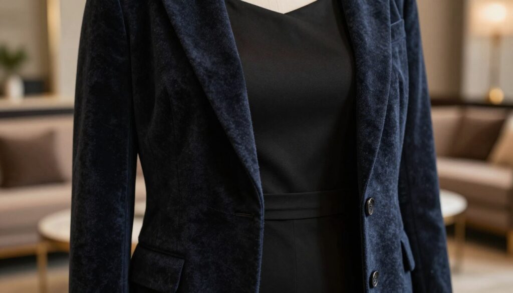A stylish blazer fabric draped elegantly over a sophisticated black dress. The foreground features rich textures, showcasing the luxurious material of the blazer, such as wool or velvet, in deep colors like navy or charcoal. The middle highlights the contrast between the blazer and the dress, emphasizing their complementary nature. Soft, diffused lighting casts a warm glow, accentuating the textures and adding depth. In the background, a blurred, elegant setting—perhaps a chic office or an upscale lounge—creates a refined atmosphere. The overall mood is classy and polished, capturing the essence of how a well-chosen blazer can enhance an elegant outfit. A stylish blazer fabric draped elegantly over a sophisticated black dress. The foreground features rich textures, showcasing the luxurious material of the blazer, such as wool or velvet, in deep colors like navy or charcoal. The middle highlights the contrast between the blazer and the dress, emphasizing their complementary nature. Soft, diffused lighting casts a warm glow, accentuating the textures and adding depth. In the background, a blurred, elegant setting—perhaps a chic office or an upscale lounge—creates a refined atmosphere. The overall mood is classy and polished, capturing the essence of how a well-chosen blazer can enhance an elegant outfit.