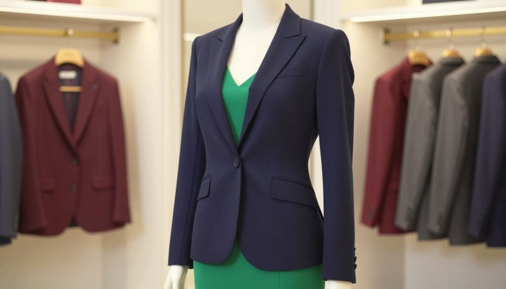 A stylish blazer in a tailored fit, prominently displayed on a female mannequin or model emphasizing an hourglass silhouette. The blazer should be in a sophisticated navy blue, complementing a vibrant green dress that peeks from underneath. The waist should be accentuated, making the model appear poised and elegant. Set the scene in a chic, well-lit boutique with soft, diffused lighting to create a warm atmosphere. The background should feature elegant hangers with additional colorful blazers, showcasing a variety of colors that highlight sophistication, such as burgundy and charcoal gray. A soft-focus lens effect subtly draws attention to the blazer's detailed stitching and fabric texture. The overall mood should convey a sense of refined style and polished elegance.