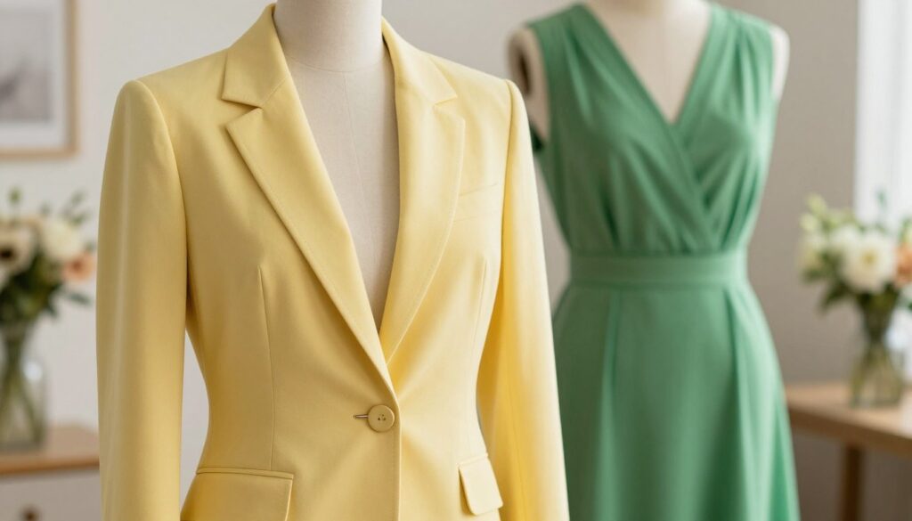 A stylish blazer showcased in a vibrant spring color, expertly tailored, with elegant details such as subtle stitching and polished buttons. The blazer is positioned in the foreground, creating a focal point that draws the eye. In the middle ground, a flowing green dress hangs on a vintage mannequin, evoking a sense of harmony between the garments. The background features a softly lit designer studio, with hints of seasonal decorations, like fresh flowers and greenery. Opt for warm, natural lighting that highlights the textures of the fabric, using a shallow depth of field to maintain a soft, inviting atmosphere. The overall mood is sophisticated yet approachable, ideal for selecting the perfect spring blazer to complement a green dress.