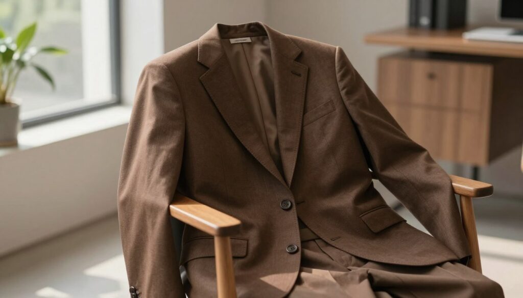 A stylish brown fabric blazer is elegantly draped over a wooden chair in a softly lit, modern office space. The blazer has a tailored fit, featuring subtle stitching details and a classic notch lapel. In the background, a muted color palette of taupe and pastel accents creates a warm, inviting atmosphere. Soft natural light filters through a nearby window, casting gentle shadows and highlighting the texture of the fabric. A hint of lush greenery is visible outside the window, adding a touch of freshness to the scene. The overall mood is sophisticated and professional, perfect for conveying timeless fashion choices that complement brown trousers across all seasons.