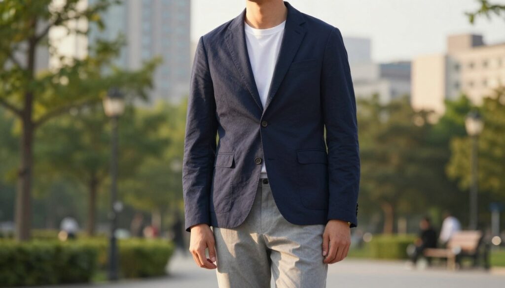 A stylish casual blazer in a rich navy color, expertly tailored to fit a contemporary male model, exuding a relaxed yet fashionable vibe. The blazer features subtle textures and a soft fabric, paired with light gray chinos that complement the outfit without appearing overly formal. The model stands confidently in an urban park setting during golden hour, with soft sunlight casting a warm glow and gentle shadows. In the background, there are blurred hints of green trees and city architecture, creating a lively yet casual atmosphere. The focus is sharp on the model, capturing the details of the outfit, while the overall composition evokes a sense of effortless style suitable for outings beyond the office.