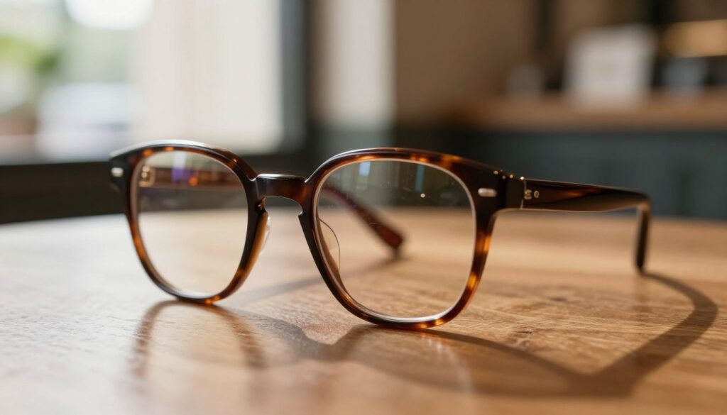 A stylish close-up of vintage eyeglasses resting on a wooden table, showcasing retro geometric frames in deep tortoiseshell patterns. The lenses reflect soft, warm sunlight filtering through sheer curtains, creating a cozy and inviting atmosphere. In the background, blurred elements suggest a chic café environment with subtle hints of greenery. The focus is on the unique design of the glasses, highlighting their curves and angles that evoke nostalgia. Use shallow depth of field for a dreamy effect, capturing the essence of timeless fashion. The overall mood is sophisticated yet approachable, perfect for illustrating the elegant resurgence of vintage eyewear styles. A stylish close-up of vintage eyeglasses resting on a wooden table, showcasing retro geometric frames in deep tortoiseshell patterns. The lenses reflect soft, warm sunlight filtering through sheer curtains, creating a cozy and inviting atmosphere. In the background, blurred elements suggest a chic café environment with subtle hints of greenery. The focus is on the unique design of the glasses, highlighting their curves and angles that evoke nostalgia. Use shallow depth of field for a dreamy effect, capturing the essence of timeless fashion. The overall mood is sophisticated yet approachable, perfect for illustrating the elegant resurgence of vintage eyewear styles.