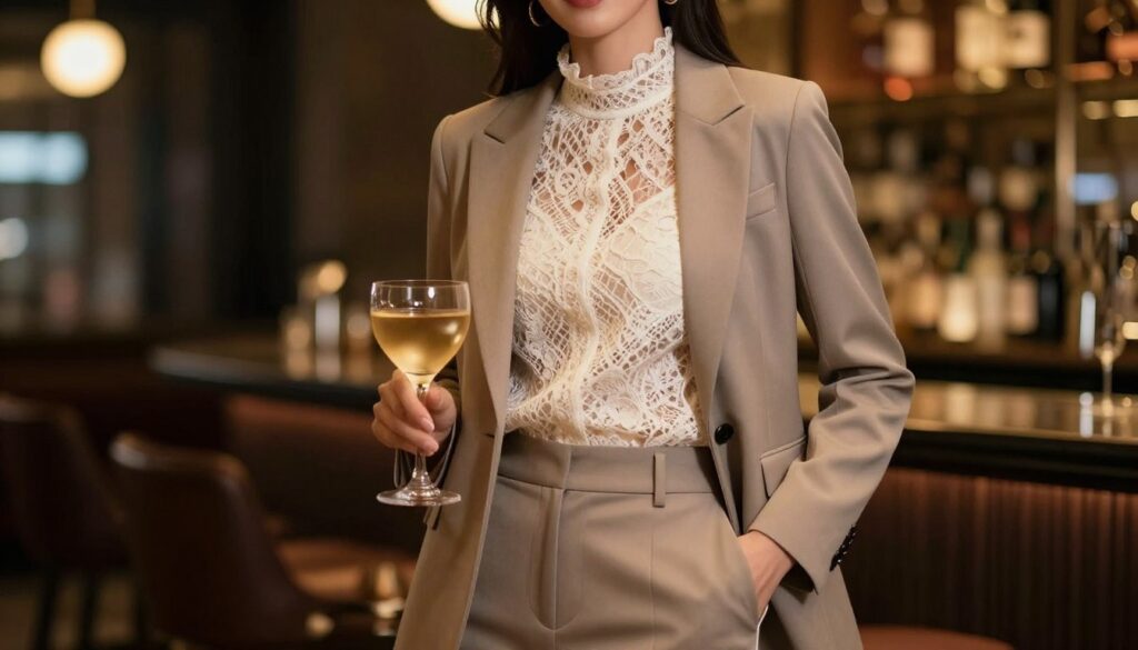A stylish cocktail look featuring a woman in a sophisticated business suit, complete with a tailored blazer and tailored trousers. The blouse underneath is elegant, with intricate lace detailing and a high neckline, suitable for evening wear. She stands confidently in a chic urban setting, surrounded by subtle hints of city nightlife, like softly glowing lights and a blurred bar in the background. The lighting is warm and inviting, creating an intimate atmosphere, and the composition is shot at a slight angle to enhance her poised demeanor. The mood is classy and refined, perfect for special occasions or evening outings. The focus is on her outfit, showcasing how to elegantly blend professional and cocktail fashion. No text or distractions in the image.