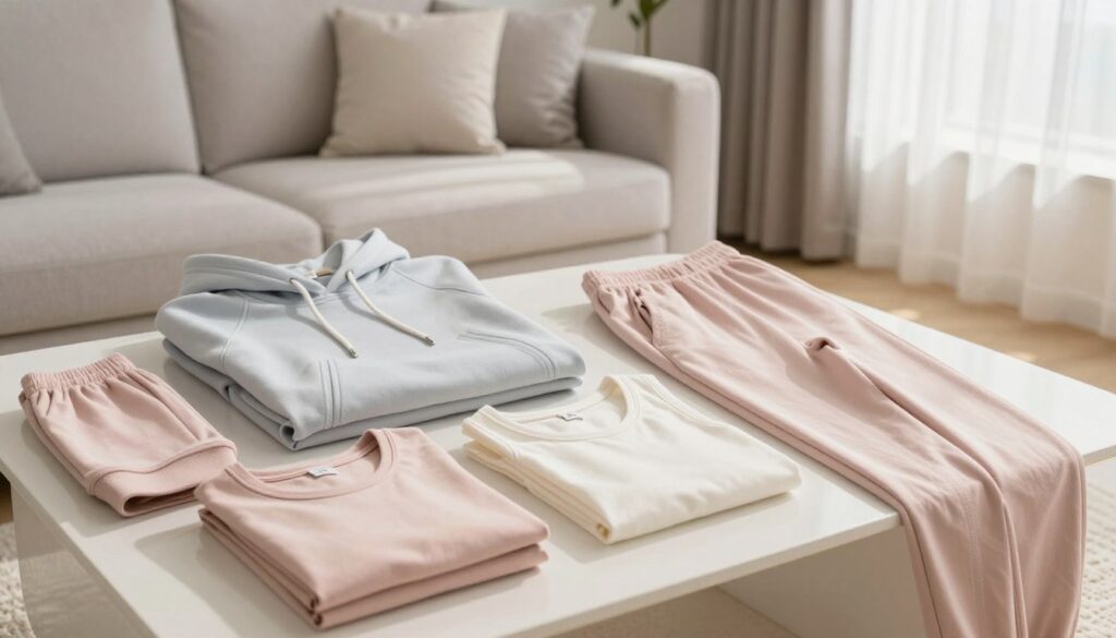 A stylish collection of women's thin cotton tracksuits displayed in an elegant setting. In the foreground, a neatly arranged set of outfits in soft pastel colors, showcasing a hoodie, matching joggers, and a tank top, folded neatly with subtle textures highlighted. In the middle, a soft-lit room featuring a modern sofa and minimalistic decor, enhancing the casual yet chic vibe of the tracksuits. The background features a window with gentle sunlight filtering through sheer curtains, creating a bright and inviting atmosphere. The composition should evoke a sense of comfort and everyday elegance, capturing the essence of modern casual wear for women. The focus should be on the apparel's design details, fabric softness, and stylish combination without any human subjects or extraneous elements.