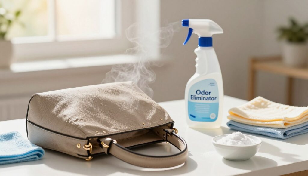 A stylish designer handbag placed on a clean, bright table, surrounded by various cleaning supplies such as a spray bottle, soft cloths, and a small bowl with baking soda. In the foreground, the handbag's textured fabric is zoomed in, showing its details and any slight wear. In the middle, the spray bottle is labeled as "Odor Eliminator," with vapor gently rising from it, indicating freshening up the bag. In the background, a sunlit window casts soft, warm light across the scene, creating an inviting atmosphere. The overall mood is fresh and organized, reflecting a clean, hygienic process. The image has a shallow depth of field, drawing attention to the handbag and cleaning items.