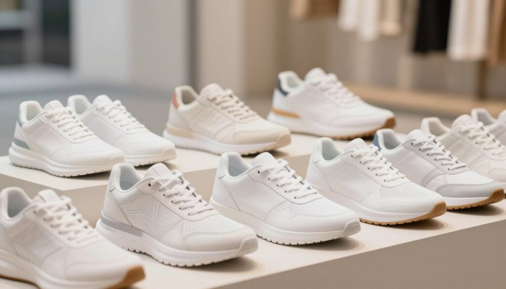 A stylish display of fashionable women's white sports shoes arranged aesthetically on a minimalist pedestal. The foreground showcases a variety of trendy designs, including sleek running shoes, chic sneakers, and elegant athleisure footwear that highlight their unique textures and materials. The middle section features a soft focus that highlights the shoes' subtle details like stitching and logos. In the background, a blurred urban landscape with soft, natural lighting creates an inviting atmosphere, suggesting a modern, trendy setting. The angle captures the shoes from a slightly elevated perspective, enhancing their appeal, while warm, diffused light accentuates their immaculate whiteness. The overall mood is fresh, vibrant, and contemporary, perfect for showcasing what's in vogue this season.