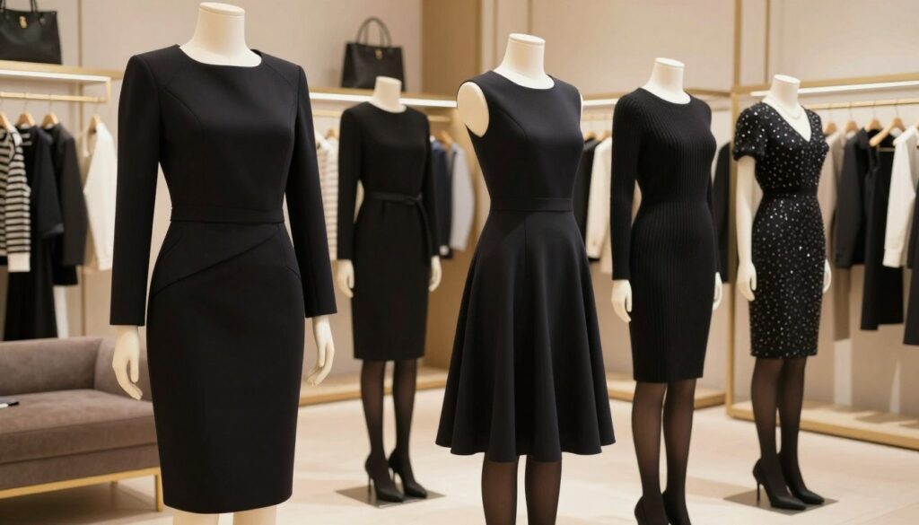A stylish display of various dresses in an elegant setting, showcasing black pencil, flared, knit, and cocktail dresses tailored for sophistication. In the foreground, a black pencil dress with a tailored silhouette exudes professionalism. In the middle, a flared dress flows gracefully, complemented by classic black tights. Nearby, a chic knit dress adds coziness, while a cocktail dress sparkles subtly under soft lighting. The background features a tastefully decorated boutique with muted hues and plush fabrics, creating a warm and inviting atmosphere. The lighting is soft and diffused, highlighting the textures of the fabrics and the clean lines of the dresses. The angle captures a sense of depth, perfect for conveying the elegance and fit of the dresses in relation to stylish footwear.
