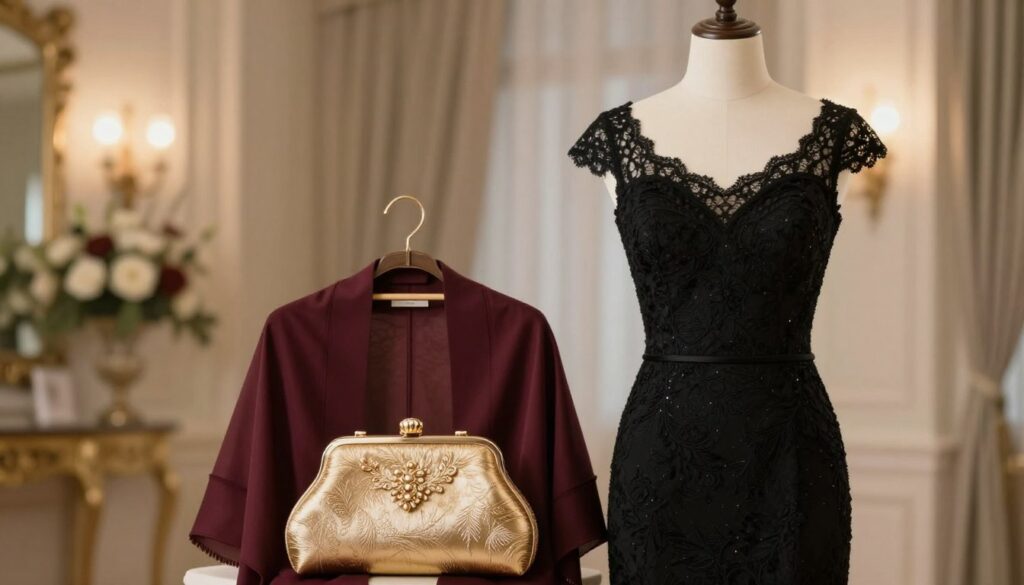 A stylish, elegant black dress suitable for a wedding, displayed on a mannequin in a soft, warmly lit room. The dress has a classic silhouette with subtle lace detailing and delicate cap sleeves, exuding sophistication. In the foreground, a stylish shawl in deep burgundy and a statement clutch in metallic gold provide stylish accessories for formal occasions. The background features a softly blurred floral arrangement and ambient lighting, enhancing the romantic atmosphere. The entire scene is captured with a shallow depth of field to focus on the dress and accessories, conveying a mood of refined elegance and celebration, perfect for weddings and formal events. A stylish, elegant black dress suitable for a wedding, displayed on a mannequin in a soft, warmly lit room. The dress has a classic silhouette with subtle lace detailing and delicate cap sleeves, exuding sophistication. In the foreground, a stylish shawl in deep burgundy and a statement clutch in metallic gold provide stylish accessories for formal occasions. The background features a softly blurred floral arrangement and ambient lighting, enhancing the romantic atmosphere. The entire scene is captured with a shallow depth of field to focus on the dress and accessories, conveying a mood of refined elegance and celebration, perfect for weddings and formal events.