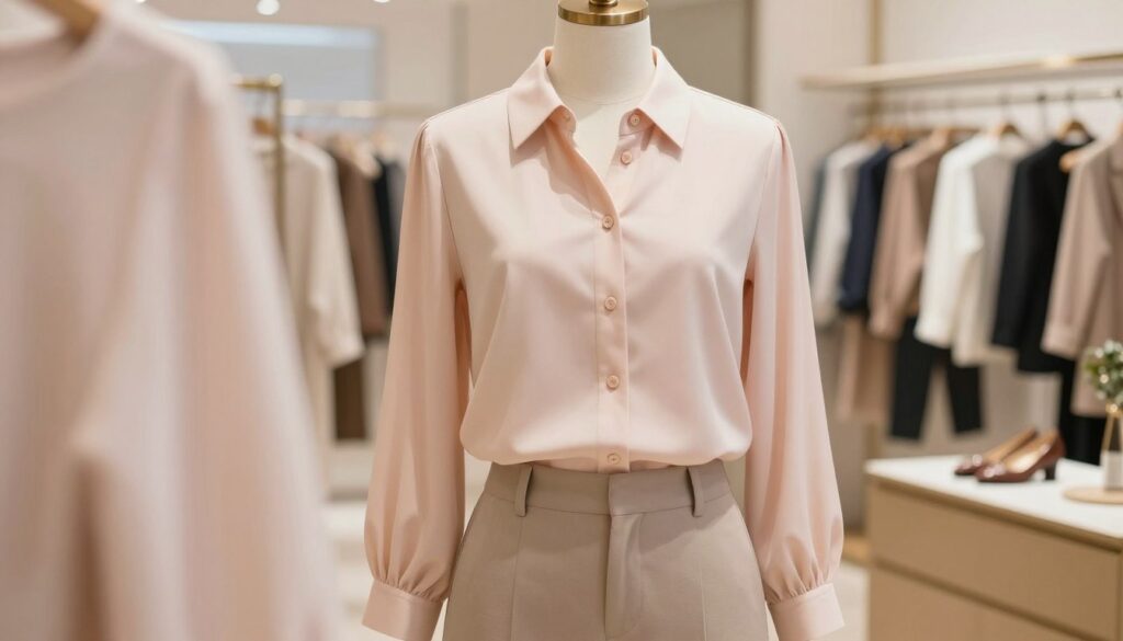 A stylish, elegant blouse in a soft pastel shade drapes gracefully on a mannequin positioned in a well-lit boutique setting. The blouse features tailored elements, including a classic collar, button-down front, and slightly billowed sleeves, showcasing its versatility for different body types and styles. In the foreground, a close-up of textured fabric highlights its quality, while the middle ground showcases the blouse layered over tailored trousers, suggesting a chic, casual outfit. The background includes a softly blurred array of other fashionable garments and accessories, creating a warm and inviting atmosphere. The lighting is bright yet soft, illuminating the fabric's fine details, evoking a sense of style and professionalism suitable for various occasions. A stylish, elegant blouse in a soft pastel shade drapes gracefully on a mannequin positioned in a well-lit boutique setting. The blouse features tailored elements, including a classic collar, button-down front, and slightly billowed sleeves, showcasing its versatility for different body types and styles. In the foreground, a close-up of textured fabric highlights its quality, while the middle ground showcases the blouse layered over tailored trousers, suggesting a chic, casual outfit. The background includes a softly blurred array of other fashionable garments and accessories, creating a warm and inviting atmosphere. The lighting is bright yet soft, illuminating the fabric's fine details, evoking a sense of style and professionalism suitable for various occasions.