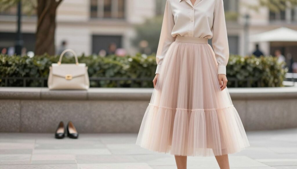 A stylish, elegant scene showcasing a balanced outfit featuring a romantic tulle skirt paired with a modern blouse. In the foreground, a full-length view of a model wearing a pastel-colored tulle skirt with layers, accentuating its volume. The blouse is sleek and tailored, in a solid color that complements the skirt, conveying a sense of contemporary sophistication. The model stands confidently, in a thoughtfully arranged urban environment, with soft daylight illuminating her outfit. The middle ground features blurred fashion elements, such as a chic handbag and trendy shoes, adding depth to the composition. The background shows a softly lit city park, enhancing the overall serene and fashionable atmosphere, evoking a sense of stylish elegance. A stylish, elegant scene showcasing a balanced outfit featuring a romantic tulle skirt paired with a modern blouse. In the foreground, a full-length view of a model wearing a pastel-colored tulle skirt with layers, accentuating its volume. The blouse is sleek and tailored, in a solid color that complements the skirt, conveying a sense of contemporary sophistication. The model stands confidently, in a thoughtfully arranged urban environment, with soft daylight illuminating her outfit. The middle ground features blurred fashion elements, such as a chic handbag and trendy shoes, adding depth to the composition. The background shows a softly lit city park, enhancing the overall serene and fashionable atmosphere, evoking a sense of stylish elegance.