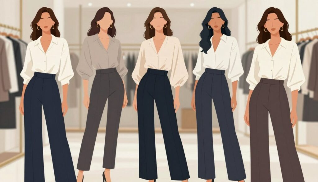 A stylish fashion illustration showcasing diverse silhouettes of women in professional business attire, each pairing different blouse styles with wide-legged, high-waisted pants. The foreground features three models in distinct poses: one wearing a tailored, fitted blouse, another in a flowy, oversized top, and the last in a structured button-up. The middle ground includes a soft focus to highlight their outfits, while the background is a blurred fashion showroom with elegant lighting enhancing the clothing textures. The scene conveys a chic, sophisticated atmosphere, emphasizing body confidence and style versatility. The lighting is soft and natural, resembling a bright, airy day, captured from a slightly elevated angle for a dynamic perspective.