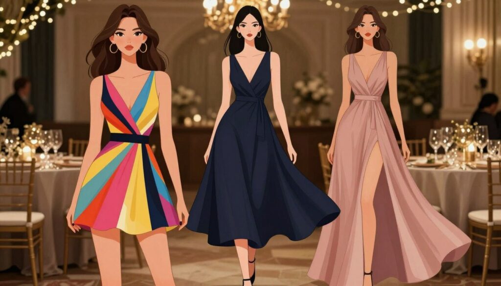 A stylish fashion illustration showcasing three different dress lengths—mini, midi, and maxi. In the foreground, a graceful model wearing a trendy mini dress made of vibrant fabric, exuding youthful energy. In the middle, another model adorns a chic midi dress, elegantly flowing down to her knees, reflecting sophistication and style. Finally, in the background, a third model showcases a dramatic maxi dress, cascading elegantly to the floor, representing formal elegance. The setting is a sophisticated party atmosphere with soft, warm lighting that enhances the glamorous vibe. The background features subtle decorations like twinkling fairy lights and elegant tables, creating an inviting ambiance for a festive gathering. The mood is celebratory and fashion-forward, capturing the spirit of a stylish event.