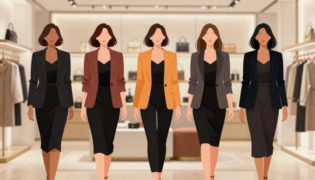 A stylish fashion illustration showcasing various silhouettes of women in elegant business attire and casual clothing, each wearing a unique blazer paired with a classic black dress. The foreground features three diverse figures, emphasizing different body types, showcasing blazers in vibrant colors and patterns that contrast with the black dress, highlighting how to add character to classic styles. The middle ground includes a softly blurred backdrop of a modern boutique, filled with fashion accessories and elegant displays, creating a warm and inviting atmosphere. The lighting is soft and diffused, mimicking natural light to enhance the colors and textures of the fabrics. The scene captures a sophisticated and empowering mood, encouraging women to embrace their unique silhouettes while experimenting with their fashion choices. A stylish fashion illustration showcasing various silhouettes of women in elegant business attire and casual clothing, each wearing a unique blazer paired with a classic black dress. The foreground features three diverse figures, emphasizing different body types, showcasing blazers in vibrant colors and patterns that contrast with the black dress, highlighting how to add character to classic styles. The middle ground includes a softly blurred backdrop of a modern boutique, filled with fashion accessories and elegant displays, creating a warm and inviting atmosphere. The lighting is soft and diffused, mimicking natural light to enhance the colors and textures of the fabrics. The scene captures a sophisticated and empowering mood, encouraging women to embrace their unique silhouettes while experimenting with their fashion choices.
