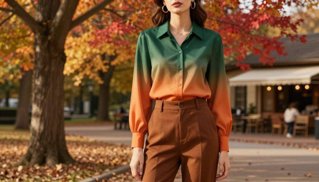 A stylish fashion scene featuring a model wearing a chic blouse in a vibrant autumn palette, complemented by brown trousers. The foreground showcases the model standing confidently, with soft, golden-hour lighting illuminating her features. In the middle ground, a rustic park setting with trees exhibiting vivid fall foliage creates a warm atmosphere. The background includes a blurred view of a cozy café to enhance the seasonal theme. The model's outfit should reflect a harmonious blend of colors that transition smoothly from deep greens to warm oranges and reds, symbolizing the changing seasons. Capture the elegance and sophistication of seasonal fashion, emphasizing how the colors of the blouse enhance the brown trousers for a stunning visual effect. A stylish fashion scene featuring a model wearing a chic blouse in a vibrant autumn palette, complemented by brown trousers. The foreground showcases the model standing confidently, with soft, golden-hour lighting illuminating her features. In the middle ground, a rustic park setting with trees exhibiting vivid fall foliage creates a warm atmosphere. The background includes a blurred view of a cozy café to enhance the seasonal theme. The model's outfit should reflect a harmonious blend of colors that transition smoothly from deep greens to warm oranges and reds, symbolizing the changing seasons. Capture the elegance and sophistication of seasonal fashion, emphasizing how the colors of the blouse enhance the brown trousers for a stunning visual effect.