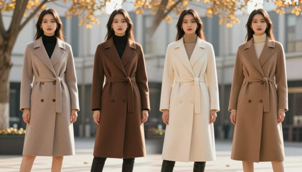 A stylish female model stands gracefully in the foreground, showcasing four different coat lengths: mini, knee-length, midi, and maxi. Each coat is tailored to accentuate the figure, illustrating how coat length varies with height while enhancing the waist's appearance. The model wears a sleek, chic hairstyle and minimal accessories for a polished look. In the middle ground, a soft blurred effect captures a fashion-forward urban setting with subtle autumn leaves, suggesting a stylish outdoor environment. The lighting is warm and inviting, evoking a cozy atmosphere as soft sunlight filters through tree branches. The angle is slightly above eye level, providing a flattering perspective of each coat. The background features vague outlines of modern buildings, creating a contemporary vibe. The overall mood is confident and fashionable, perfect for showcasing elegant outerwear choices.