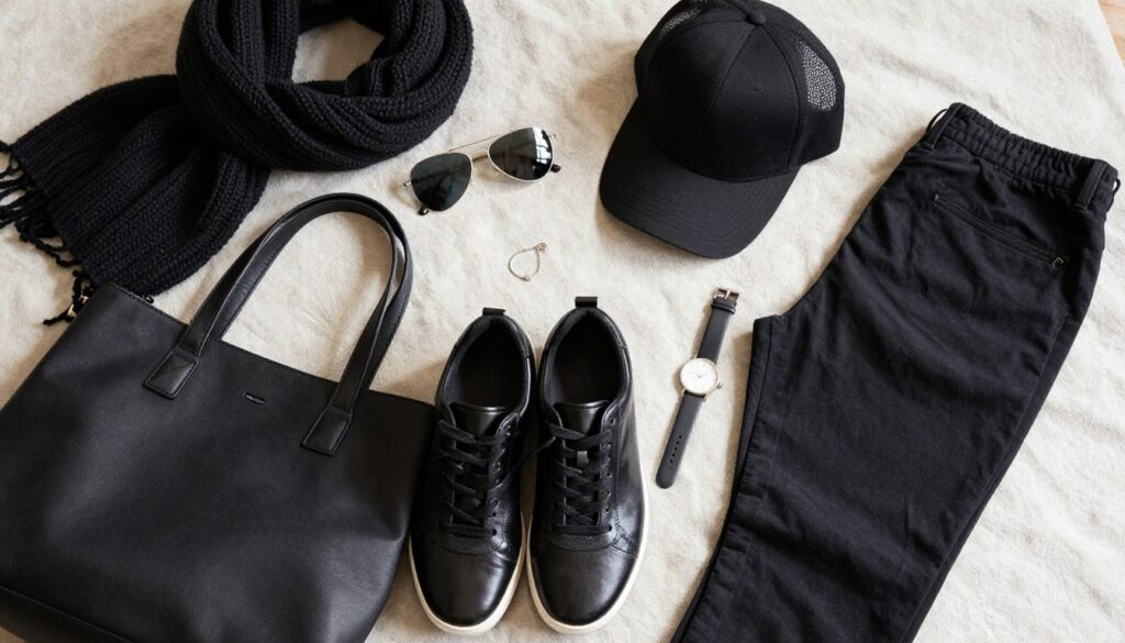 A stylish flat lay arrangement showcasing various accessories that enhance a casual outfit with black pants. The foreground features a sleek black tote bag, polished leather sneakers, a chunky knit scarf, and a minimalist watch, all artfully arranged. In the middle, a pair of aviator sunglasses and a trendy baseball cap add flair, while a delicate piece of silver jewelry subtly glimmers. The background consists of a soft, textured fabric in a muted tone, contrasting with the bold black elements of the accessories. Bright, natural lighting casts soft shadows, creating a warm, inviting atmosphere. The angle captures the ensemble from slightly above, emphasizing the arrangement's harmony and chic aesthetic, perfect for elevating a sporty and casual look.