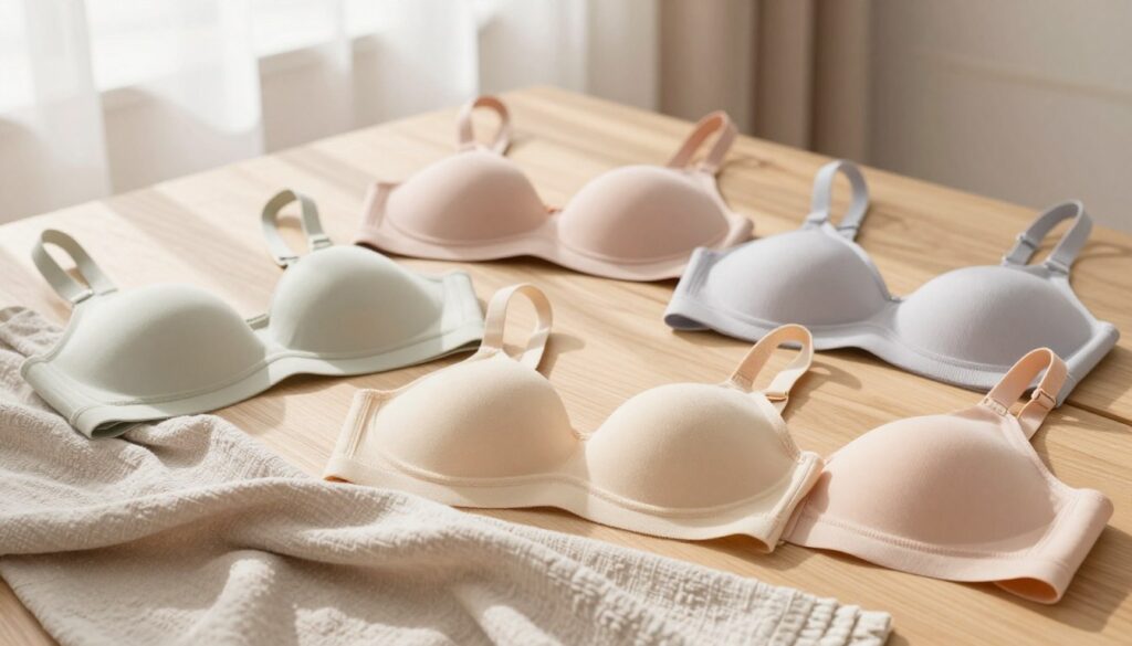 A stylish flat lay composition featuring various alternatives to traditional bras, such as bralettes, supportive camisoles, and seamless tops. The foreground showcases a soft, textured fabric draped elegantly, with a few selected pieces neatly arranged. In the middle, natural wooden surface adds warmth, while cotton and modal materials add to the comfort theme. The background is softly blurred with pastel shades to create a serene and inviting atmosphere, suggesting a cozy, intimate space. Soft, diffused sunlight filters in, casting gentle shadows that enhance the textures. The overall mood is relaxed and empowering, emphasizing comfort and discretion without any explicit or revealing elements. No people are included; the focus remains on the clothing items. A stylish flat lay composition featuring various alternatives to traditional bras, such as bralettes, supportive camisoles, and seamless tops. The foreground showcases a soft, textured fabric draped elegantly, with a few selected pieces neatly arranged. In the middle, natural wooden surface adds warmth, while cotton and modal materials add to the comfort theme. The background is softly blurred with pastel shades to create a serene and inviting atmosphere, suggesting a cozy, intimate space. Soft, diffused sunlight filters in, casting gentle shadows that enhance the textures. The overall mood is relaxed and empowering, emphasizing comfort and discretion without any explicit or revealing elements. No people are included; the focus remains on the clothing items.