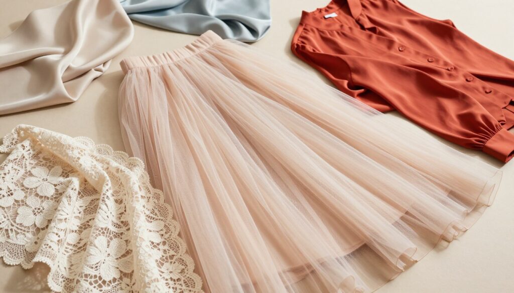 A stylish flat lay composition featuring various fabric swatches that complement a tulle skirt. In the foreground, showcase delicate lace, soft cotton, and flowing silk, artistically arranged to highlight their textures and colors. The middle layer includes an elegant tulle skirt, subtly draped to suggest its soft movement, while nearby, a modern blouse in a vibrant hue provides contrast. In the background, a soft, neutral surface adds warmth and sophistication to the scene. Natural light illuminates the fabrics gently, casting soft shadows for depth. The overall atmosphere is romantic yet contemporary, capturing the essence of fashion balance in a harmonious design. A stylish flat lay composition featuring various fabric swatches that complement a tulle skirt. In the foreground, showcase delicate lace, soft cotton, and flowing silk, artistically arranged to highlight their textures and colors. The middle layer includes an elegant tulle skirt, subtly draped to suggest its soft movement, while nearby, a modern blouse in a vibrant hue provides contrast. In the background, a soft, neutral surface adds warmth and sophistication to the scene. Natural light illuminates the fabrics gently, casting soft shadows for depth. The overall atmosphere is romantic yet contemporary, capturing the essence of fashion balance in a harmonious design.