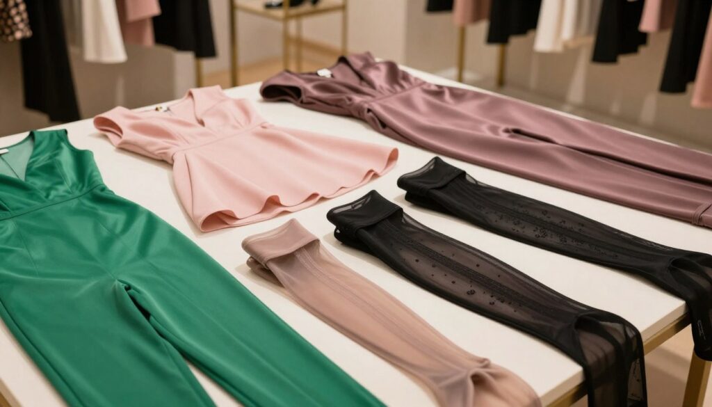A stylish flat lay composition featuring various pairs of pantyhose in different colors, displayed neatly alongside elegant dresses in complementary shades. The foreground showcases vibrant green, soft pink, and classic black rajstopy, highlighting their texture and den, with delicate patterns visible upon closer inspection. In the middle, luxurious fabrics of the dresses drape gracefully, reflecting ambient light. The background features a softly blurred, chic dressing room with warm lighting, creating an inviting atmosphere that emphasizes fashion. The overall mood is sophisticated and fashion-forward, inviting the viewer to consider the importance of color coordination in styling. The image should be well-composed, with a slightly overhead angle to capture all details effectively.