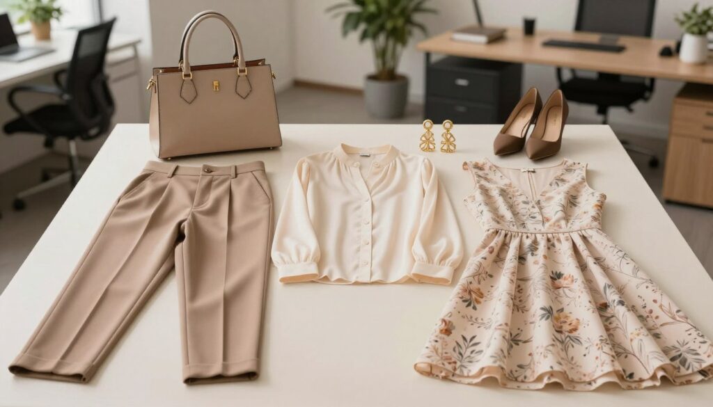 A stylish flat lay composition showcasing alternative outfits to a blazer, perfect for work, weddings, and casual settings. Foreground features neatly arranged clothing items: a tailored pair of high-waisted trousers, an elegant blouse with soft textures, and a chic midi dress with subtle floral patterns. Middle layer presents elegant accessories such as a fashionable handbag, statement earrings, and a pair of versatile heels. In the background, a softly lit, contemporary office space hints at a professional environment, with a stylish desk and greenery for a fresh vibe. Lighting is warm and inviting, enhancing the textures and colors of the fabrics. Aim for a sophisticated yet approachable atmosphere, illustrating versatile outfit ideas for various occasions without overcrowding the scene.