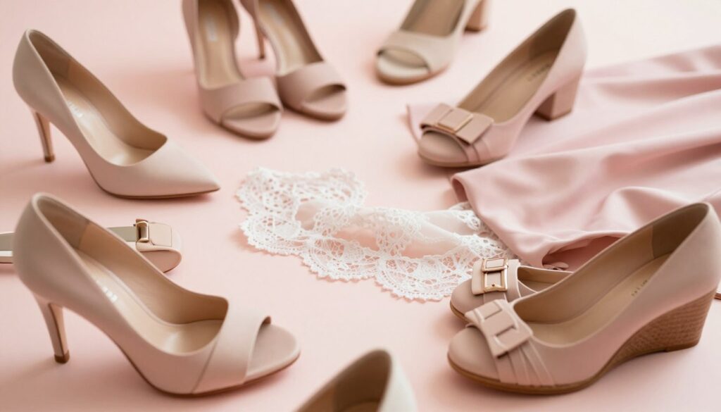 A stylish flat lay composition showcasing various types of footwear suitable for pairing with a pink dress. In the foreground, include elegant high heels, comfortable sandals, chic ballet flats, and fashionable wedges, all arranged artistically on a soft pastel background. In the middle, enhance the scene with subtle fabrics like lace or silk draped elegantly. The lighting should be soft and diffused, creating a warm and inviting atmosphere, reminiscent of a fashion editorial. Use a shallow depth of field to focus attention on the shoes while softly blurring the background. The angle should be slightly overhead to capture the details of each shoe and showcase their unique designs. The overall mood should be trendy and sophisticated, reflecting modern fashion choices.