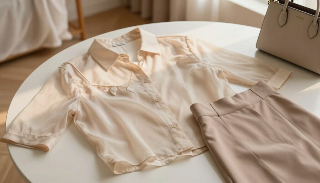 A stylish flat lay featuring a translucent blouse laid across a smooth surface, showcasing a tastefully coordinated outfit. In the foreground, a delicate but chic camisole and a modern, tailored top complement the blouse. Surrounding these pieces are elegant accessories like a minimalist necklace and a sleek handbag, hinting at professional and casual occasions. The background is softly blurred, incorporating textures like light fabric and wooden accents that evoke a cozy atmosphere. The lighting is warm and inviting, simulating natural daylight, emphasizing the sheer quality of the blouse. The overall mood is fashionable and sophisticated, illustrating versatile outfit choices suitable for work, casual outings, dates, and evening events. A stylish flat lay featuring a translucent blouse laid across a smooth surface, showcasing a tastefully coordinated outfit. In the foreground, a delicate but chic camisole and a modern, tailored top complement the blouse. Surrounding these pieces are elegant accessories like a minimalist necklace and a sleek handbag, hinting at professional and casual occasions. The background is softly blurred, incorporating textures like light fabric and wooden accents that evoke a cozy atmosphere. The lighting is warm and inviting, simulating natural daylight, emphasizing the sheer quality of the blouse. The overall mood is fashionable and sophisticated, illustrating versatile outfit choices suitable for work, casual outings, dates, and evening events.