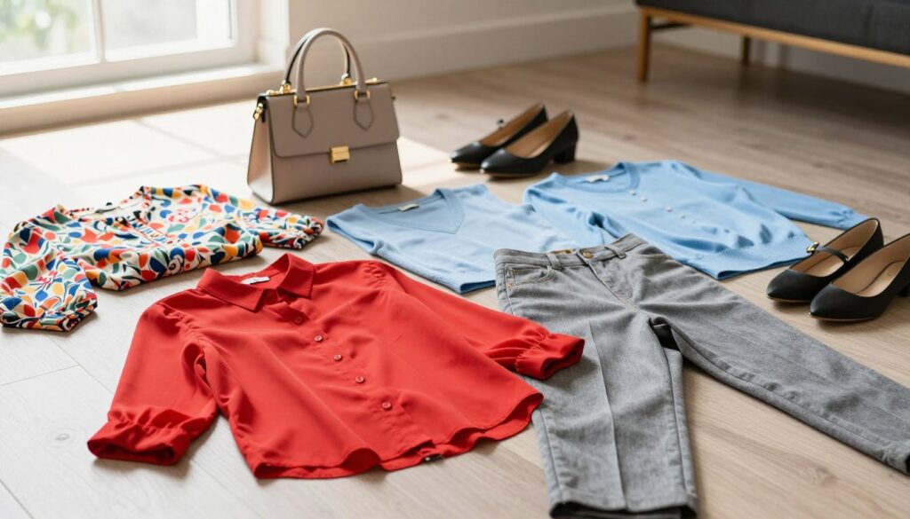 A stylish flat lay featuring colorful tops paired with grey trousers. The foreground showcases a variety of vibrant blouses, such as a bright red shirt, a patterned floral blouse, and a light blue casual knit, neatly arranged around a pair of sleek grey pants. In the middle, include accessories like a chic handbag and stylish shoes, enhancing the outfit combinations. The background features a softly blurred indoor setting with warm natural lighting streaming in from a nearby window, creating an inviting atmosphere. The overall mood should be fresh and lively, reflecting a casual yet fashionable vibe suitable for a modern wardrobe.