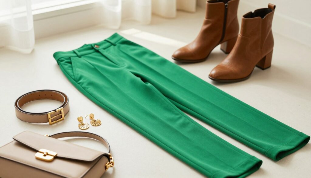 A stylish flat lay setup showcasing a vibrant outfit featuring green trousers, accompanied by carefully curated accessories and shoes. In the foreground, elegantly arranged accessories include a beige belt, gold statement earrings, and a chic handbag. The middle ground reveals a pair of trendy brown ankle boots, contrasting elegantly with the green pants. In the background, soft, diffused natural light enhances the textures and colors, creating a warm, inviting atmosphere. The setting reflects a modern, fashion-forward vibe, perfect for showcasing how to complement green trousers without clashing colors. The composition is clean, emphasizing harmony and style, with an overall mood that is both sophisticated and approachable. A stylish flat lay setup showcasing a vibrant outfit featuring green trousers, accompanied by carefully curated accessories and shoes. In the foreground, elegantly arranged accessories include a beige belt, gold statement earrings, and a chic handbag. The middle ground reveals a pair of trendy brown ankle boots, contrasting elegantly with the green pants. In the background, soft, diffused natural light enhances the textures and colors, creating a warm, inviting atmosphere. The setting reflects a modern, fashion-forward vibe, perfect for showcasing how to complement green trousers without clashing colors. The composition is clean, emphasizing harmony and style, with an overall mood that is both sophisticated and approachable.