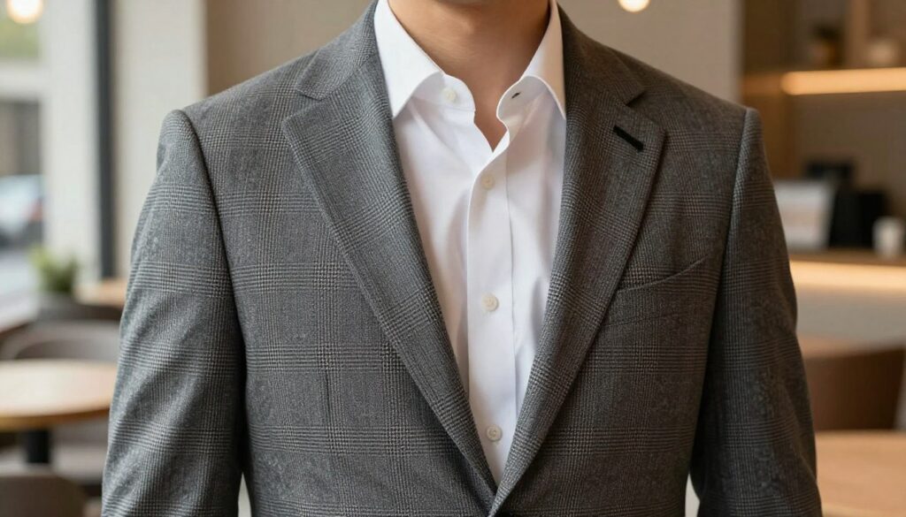 A stylish gray blazer designed in a modern tailored cut, showcasing intricate patterns like houndstooth or subtle stripes, placed prominently in the foreground. The blazer is impeccably styled with a crisp white shirt underneath, hinting at sharp contrast without overwhelming the visual. The background features a softly blurred, elegant urban setting, perhaps a light-filled café or a minimalist office space, enhancing the sophisticated atmosphere. The lighting is warm and inviting, highlighting the textures of the fabric while casting gentle shadows. A close-up angle captures the detailing of the blazer, conveying a sense of elegance and professionalism, perfectly suited for a fashionable yet casual office aesthetic. The image evokes a mood of refined style, striking a balance between formal and contemporary chic.