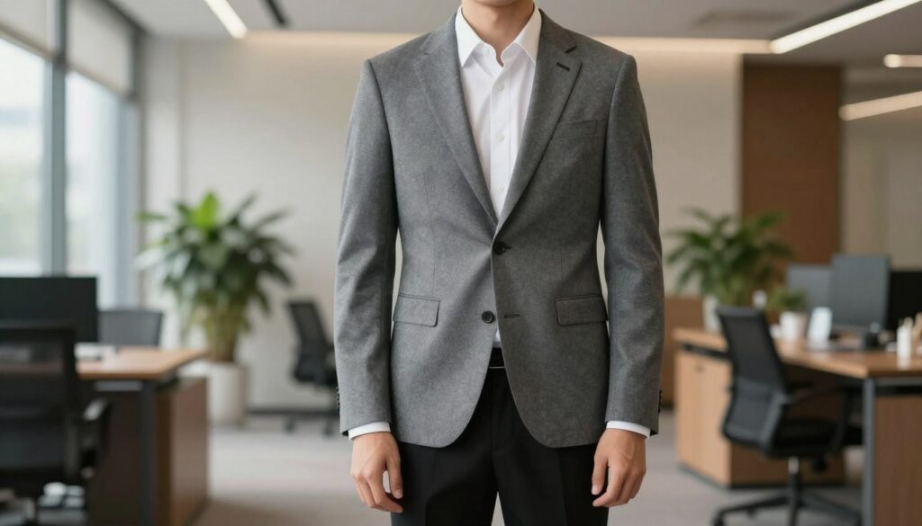 A stylish gray blazer paired with black trousers, elegantly showcased in a modern office setting. The blazer features a tailored fit with sharp lapels and subtle texture, reflecting sophistication. The model is a young professional man, standing confidently with arms relaxed, dressed in a crisp white shirt underneath. The background presents a sleek office interior with soft-focus plants and contemporary furniture, creating an atmosphere of professionalism and ease. Natural light filters through large windows, casting a warm glow on the scene. The camera angle is slightly low, emphasizing the blazer while keeping the visual composition balanced. Overall, the mood conveys a blend of formal elegance and relaxed style, capturing the essence of wearing a gray blazer with black trousers. A stylish gray blazer paired with black trousers, elegantly showcased in a modern office setting. The blazer features a tailored fit with sharp lapels and subtle texture, reflecting sophistication. The model is a young professional man, standing confidently with arms relaxed, dressed in a crisp white shirt underneath. The background presents a sleek office interior with soft-focus plants and contemporary furniture, creating an atmosphere of professionalism and ease. Natural light filters through large windows, casting a warm glow on the scene. The camera angle is slightly low, emphasizing the blazer while keeping the visual composition balanced. Overall, the mood conveys a blend of formal elegance and relaxed style, capturing the essence of wearing a gray blazer with black trousers.