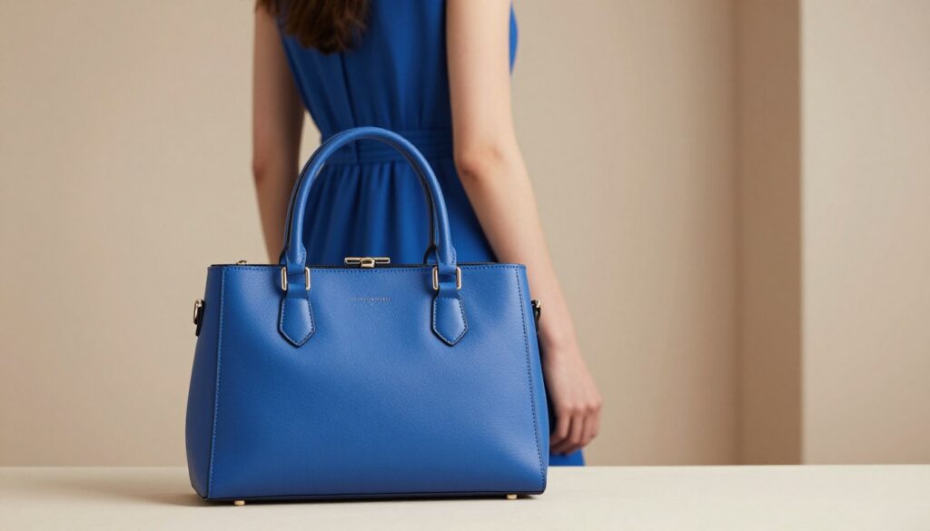 A stylish handbag elegantly placed in the foreground, showcasing a vibrant cobalt blue color that complements a beautiful blue dress. The handbag design features both modern and classic elements, with intricate stitching and a chic clasp. The middle ground features a softly blurred feminine silhouette clad in a modest blue dress, subtly accentuating the handbag while focusing on the accessory itself. The background is a softly lit, minimalist setting with warm tones, enhancing the overall aesthetic without distraction. The lighting is soft and diffused to create an inviting, sophisticated atmosphere. The composition highlights the importance of color in accessorizing while subtly suggesting that the shape and form of the handbag also contribute to its appeal.