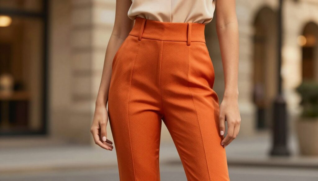 A stylish high-waisted women's pant in a trendy fabric, featured in the foreground. The pants are tailored and have a modern cut, with a sleek and sophisticated silhouette. The vibrant fabric is complemented by subtle patterns, showcasing the latest fashion trends. In the background, a softly blurred urban setting with warm, golden lighting to evoke a chic atmosphere. The model stands confidently, wearing a fitted blouse that emphasizes the waistline. The shot is taken at eye level to create an intimate connection with the viewer. The overall mood is elegant and fashionable, perfect for illustrating contemporary women's clothing styles.