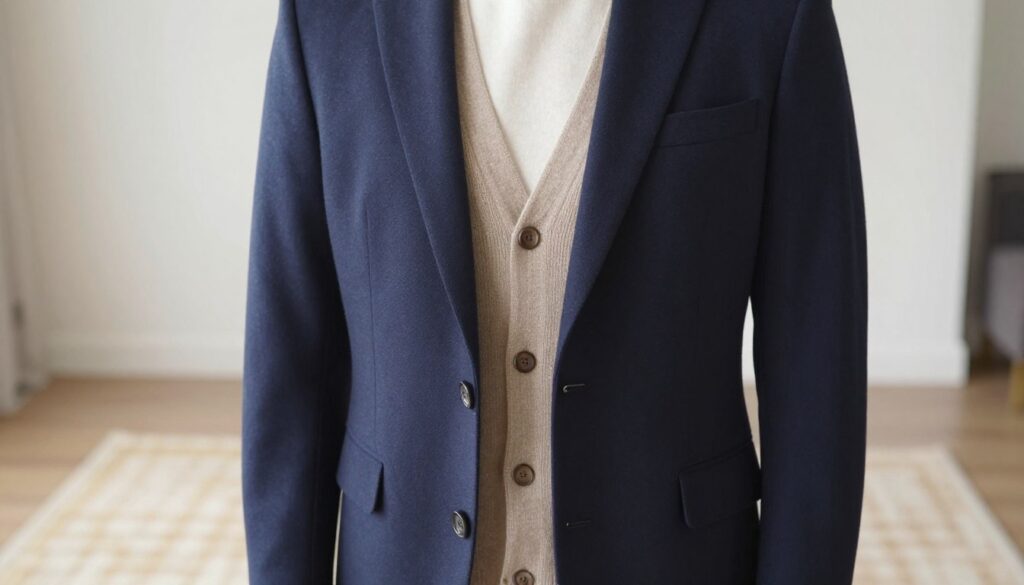 A stylish layered outfit featuring a sophisticated navy blazer, a cozy beige cardigan underneath, and a sleek waist-length jacket, all tailored to create a flattering silhouette. The foreground focuses on a mannequin showcasing the ensemble, with the blazer slightly open to reveal the cardigan beneath. In the middle ground, a soft, textured rug complements the outfit, adding warmth. The background features a well-lit indoor setting with neutral tones, a minimalistic décor that enhances the clothing. Use soft, diffused lighting to create an inviting atmosphere, capturing the details of the fabrics and textures. The shot should be framed at eye level for an intimate perspective, evoking a sense of stylish comfort suitable for cooler days.