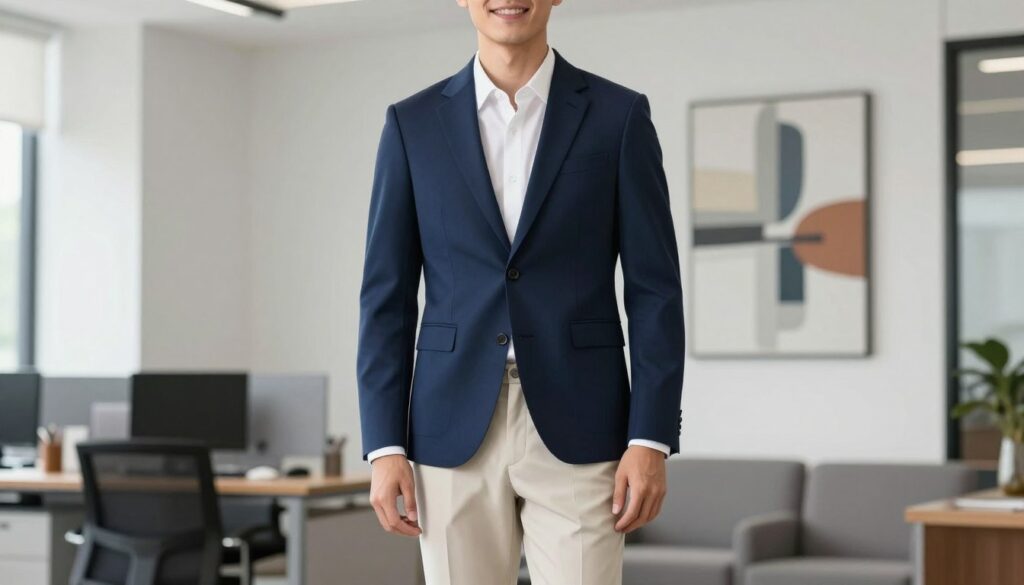 A stylish male model standing in a modern office setting, showcasing a sharp navy blue blazer paired with light beige trousers, exuding professionalism and contemporary fashion. The model is smiling confidently, demonstrating a polished look ideal for work or social outings. In the background, a well-lit office environment with abstract art on the walls and soft, natural light streaming in through large windows creates an inviting atmosphere. Include complementary colors in the surrounding decor, such as soft greys and whites, to enhance the focus on the outfit. The camera angle is slightly elevated, capturing the full outfit while emphasizing the blazer's tailored fit over the light pants. The mood is sophisticated yet approachable, perfect for illustrating stylish combinations for bright pants.