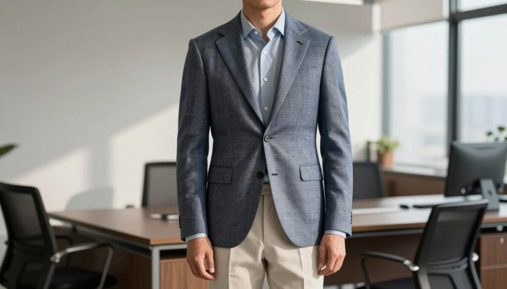 A stylish male model wearing a tailored patterned blazer, featuring a classic plaid design in shades of blue and gray, is paired with crisp light beige trousers. The outfit conveys a professional yet trendy look suitable for both work and social outings. The setting is a modern office environment with sleek furniture and subtle decor, providing a professional backdrop that enhances the clothing's details. Soft natural light filters through large windows, casting gentle shadows that add depth to the scene. The camera angle captures the model standing confidently, showcasing the combination of patterns and colors while emphasizing the harmony between the blazer and trousers. The mood is sophisticated and fashionable, ideal for an article exploring stylish combinations of jackets and light pants.