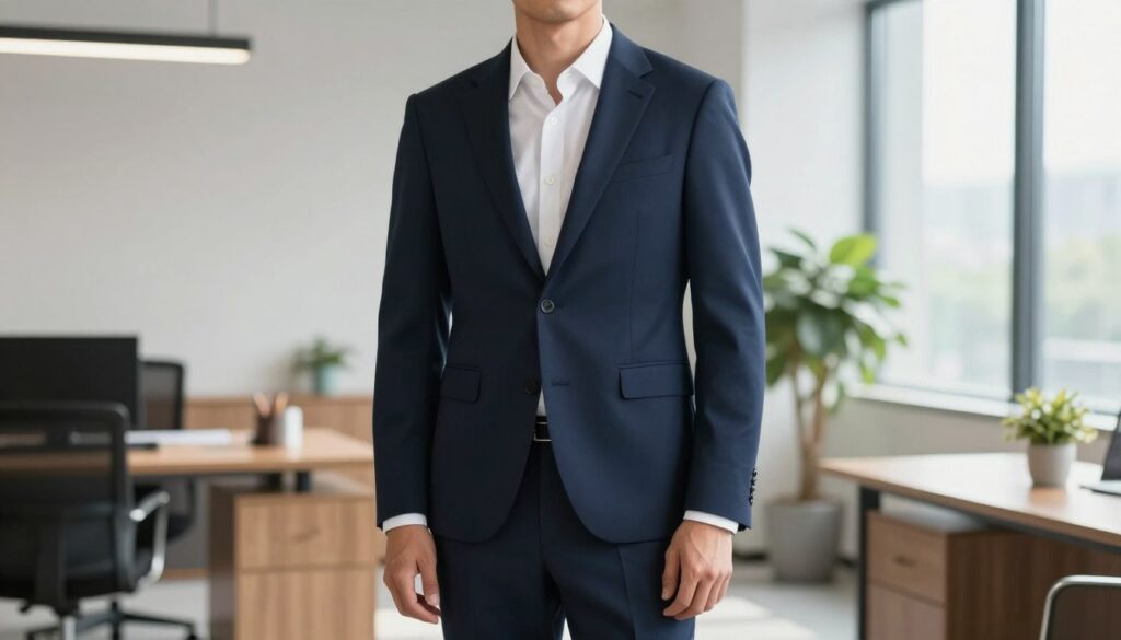 A stylish male model wearing a well-fitted blazer over a crisp white shirt, paired with navy trousers, stands confidently in a modern office setting. The blazer matches the proportions of the trousers, highlighting the importance of a tailored fit. The background features a sleek, softly lit office with minimalist decor, such as wooden furniture and potted plants. Soft natural light filters through a large window, casting gentle shadows. The model is posed at a slight angle, showcasing the silhouette of the blazer as it complements his physique. The atmosphere is professional yet approachable, emphasizing the harmony of color and fit in formal wear. No text or additional elements are present, focusing solely on the attire. A stylish male model wearing a well-fitted blazer over a crisp white shirt, paired with navy trousers, stands confidently in a modern office setting. The blazer matches the proportions of the trousers, highlighting the importance of a tailored fit. The background features a sleek, softly lit office with minimalist decor, such as wooden furniture and potted plants. Soft natural light filters through a large window, casting gentle shadows. The model is posed at a slight angle, showcasing the silhouette of the blazer as it complements his physique. The atmosphere is professional yet approachable, emphasizing the harmony of color and fit in formal wear. No text or additional elements are present, focusing solely on the attire.