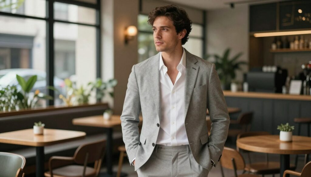A stylish man in a relaxed, professional setting, wearing a light gray blazer unbuttoned over a crisp white shirt. He is standing casually with hands in his pockets, conveying a smart casual vibe. The background features an urban café with wooden furniture and greenery, softly blurred, creating a comfortable atmosphere. Natural light filters through the large windows, casting gentle shadows. The man has a thoughtful expression, demonstrating confidence and comfort in his attire. Use a wide-angle shot to emphasize the surrounding environment while keeping focus on the subject’s relaxed style. The overall mood of the image should be approachable and sophisticated, highlighting the concept of wearing a blazer open in casual contexts. A stylish man in a relaxed, professional setting, wearing a light gray blazer unbuttoned over a crisp white shirt. He is standing casually with hands in his pockets, conveying a smart casual vibe. The background features an urban café with wooden furniture and greenery, softly blurred, creating a comfortable atmosphere. Natural light filters through the large windows, casting gentle shadows. The man has a thoughtful expression, demonstrating confidence and comfort in his attire. Use a wide-angle shot to emphasize the surrounding environment while keeping focus on the subject’s relaxed style. The overall mood of the image should be approachable and sophisticated, highlighting the concept of wearing a blazer open in casual contexts.
